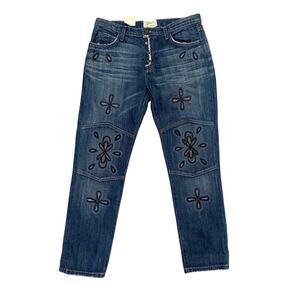 Current Elliott The Fling Embroidered Floral High Waisted Dark Wash Jeans 28x28